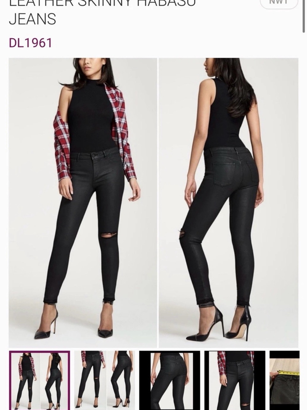 DL1961 Black Florence Faux Leather Coated Ankle Jeans Distressed Stretchy 27
